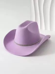 Western Cowboy Hat with Sparkling Chain Decoration, Light Wide Brim, Casual Fitted Cap for Birthday Party Nightclub Dj Style Outdoors