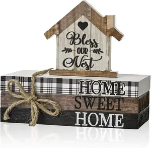 Smile Farmhouse Wooden Tabletop Decor Rustic Home Sweet Home Table Centerpiece, Block Sign Tiered Tray Decoration for Kitchen Shelves Desk Mantel