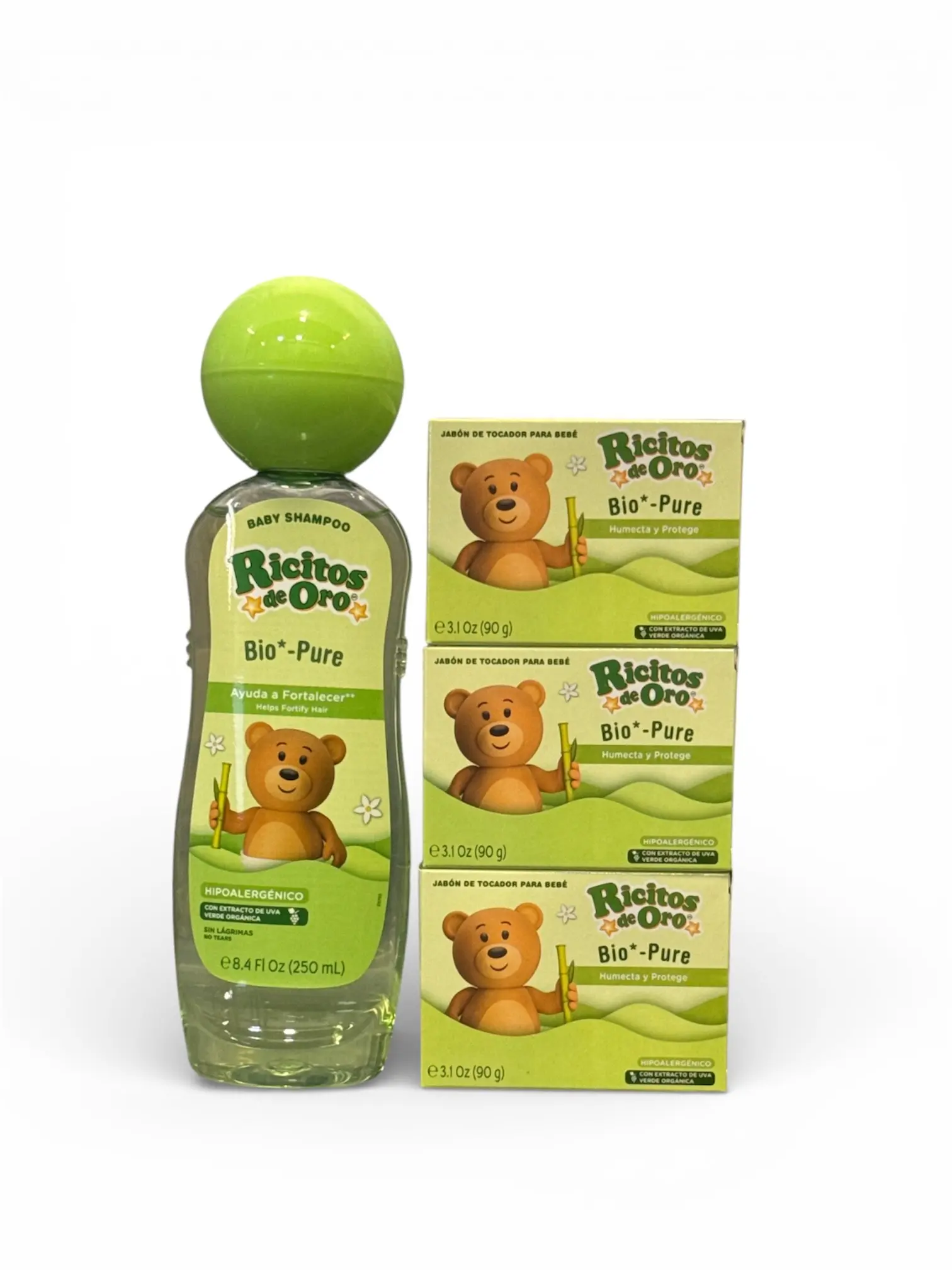 Ricitos de Oro Bio-Pure Baby (1) Shampoo and (3) soap( COMBO) - Fortifies Hair, Adds Shine & Softness, Tear-Free Formula, Includes Rattle Cup, Gentle Daily Use, Ideal for Baby Hair Care, 250 ml, 3-Pack