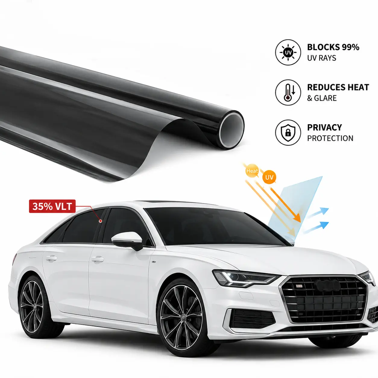 Ceramic Car Window Tint Film 35% VLT Blocks 99% UV Rays Reduces Heat Glare Privacy Protection for Auto Windows Windshield side roll uncut