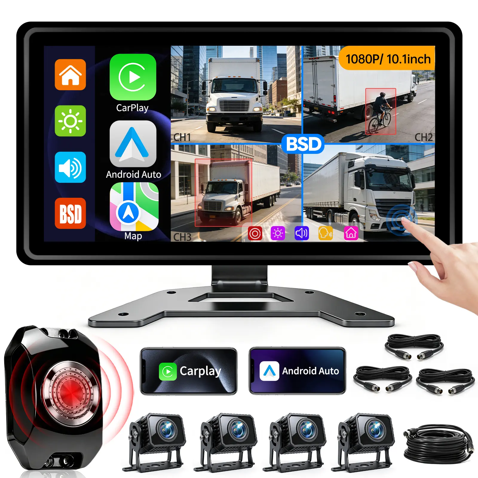 ConewVehicle Wired Backup Camera System with Carplay Android Auto,10.1" Quad Split Touch Screen Monitor with MirrorLink Voice Control Navigation ,1080P 4 AHD Rear View Camera,DVR Loop Recording,Night Vision Waterproof for Truck Trailer Camper Semi-Truck