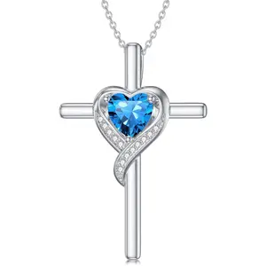 TOUPOP Birthstone Cross Necklace for Women 925 Sterling Silver Heart Cross Pendant Necklace Birthday Jewelry Gifts for Her Wife Girlfriend Mom b0