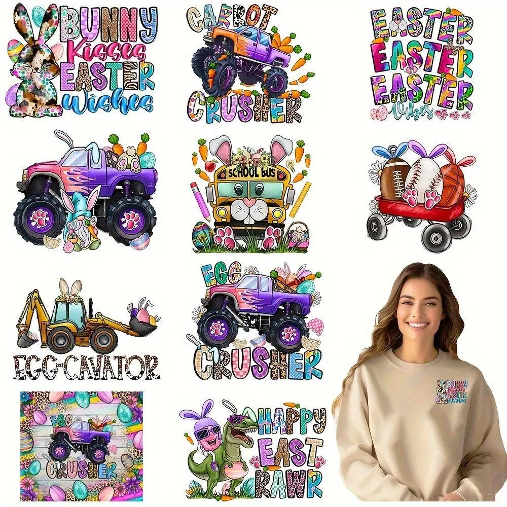 Easter Themed Heat Transfer Sticker, 12pcs/set Washable DTF Decals for T-shirts, Masks, Jeans & Backpacks, DIY Decorative Sticker