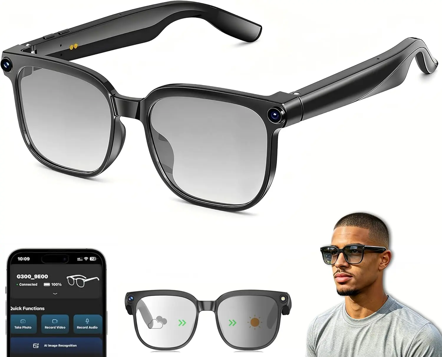 AI Smart Glasses with Camera, 8MP HD Camera Glasses for Men, AI Recording Glasses with Voice Assistant,Open-Ear Audio,Real-Time Translation,Video Recording Sunglasses for Life & Work (Photochromic)