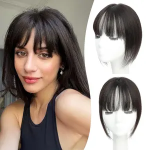 10inch Hair Toppers For Women Real Human Hair 360° 3D Cover Human Hair Topper with Bangs Wispy Bangs Extensions Clip in Bangs for Daily Wear Natural Black
