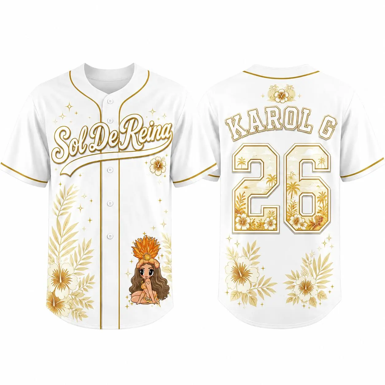Sol De Reina Baseball Jersey, Tropical Floral Number 26 Button-Up Shirt, Latin Music Concert Fan Outfit, Unisex Summer Top