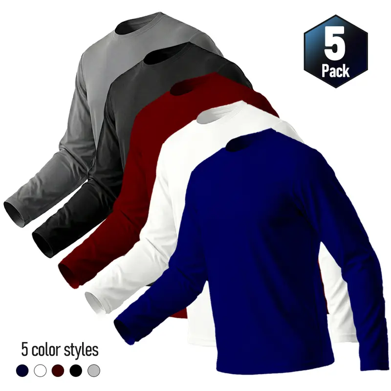 SKYWEHYD Men's Quick-Dry Breathable Solid Round Neck Long Sleeve Everyday Active Sports Tees - 5-Piece Set for Gym, Outdoor Training
