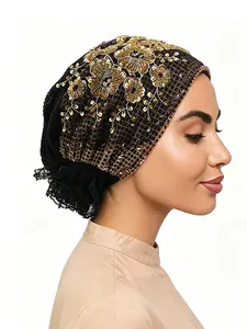 New Beaded Sequin Embroidered Hollow Out Headscarf Hat for Women, Home Hair Protection Cap, Stylish and Comfortable
