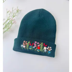 Hand Embroidered Beanie, Wild Flower Beanie, Daisy Boho Winter Hat, Christmas Gift, Birthday Gift