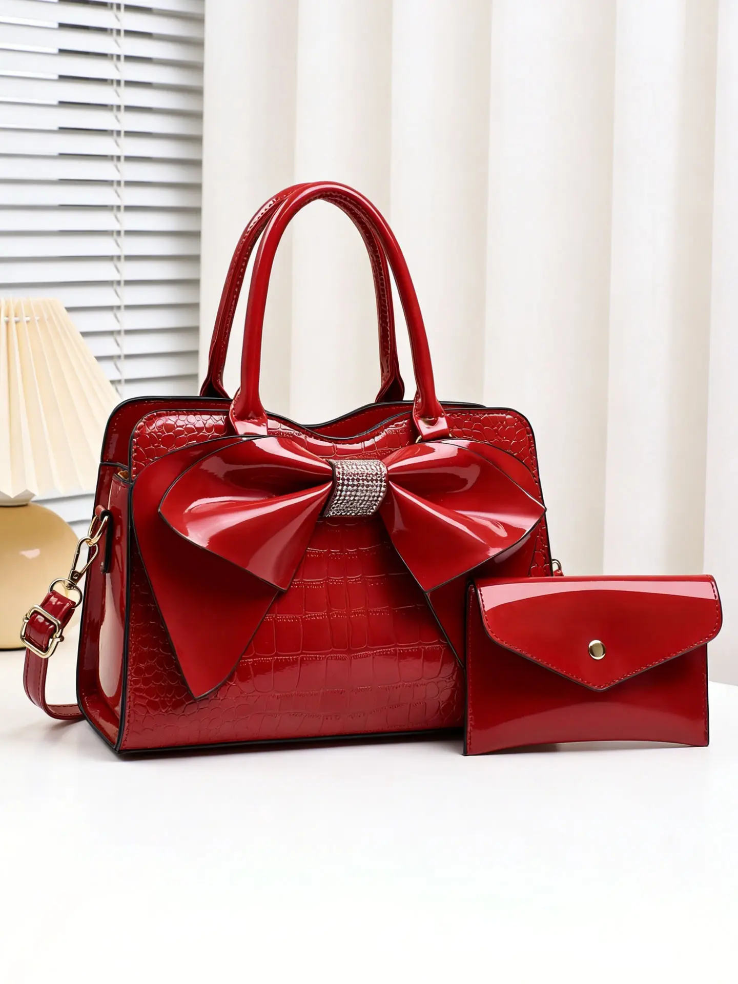 Elegant Bow Decorated Leatherette Women's Handbag, Crocodile Texture Ladies' Shoulder Bag Set, Detachable Strap, Zip Closure, All Seasons, Crossbody Bag Set, Chic Crossbody Purse