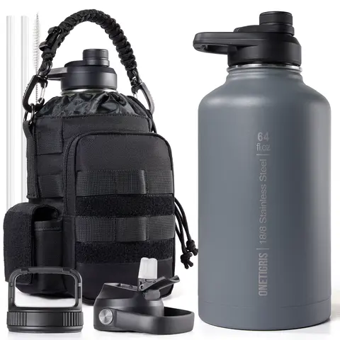 ONETIGRIS 64oz Vacuum Insulated 304 Steel Water Bottle - Leakproof Tumbler, Double-Layer Insulated Flask, Half Gallon Military Sports Bottle with Straw, 3 BPA-Free Lids, Paracord Handle, MOLLE Pouch, 48h Cold for Outdoor & Daily Use