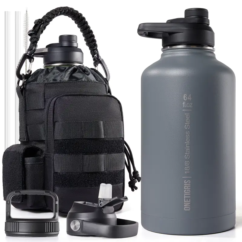 ONETIGRIS 64oz Vacuum Insulated 304 Steel Water Bottle - Leakproof Tumbler, Double-Layer Insulated Flask, Half Gallon Military Sports Bottle with Straw, 3 BPA-Free Lids, Paracord Handle, MOLLE Pouch, 48h Cold for Outdoor & Daily Use