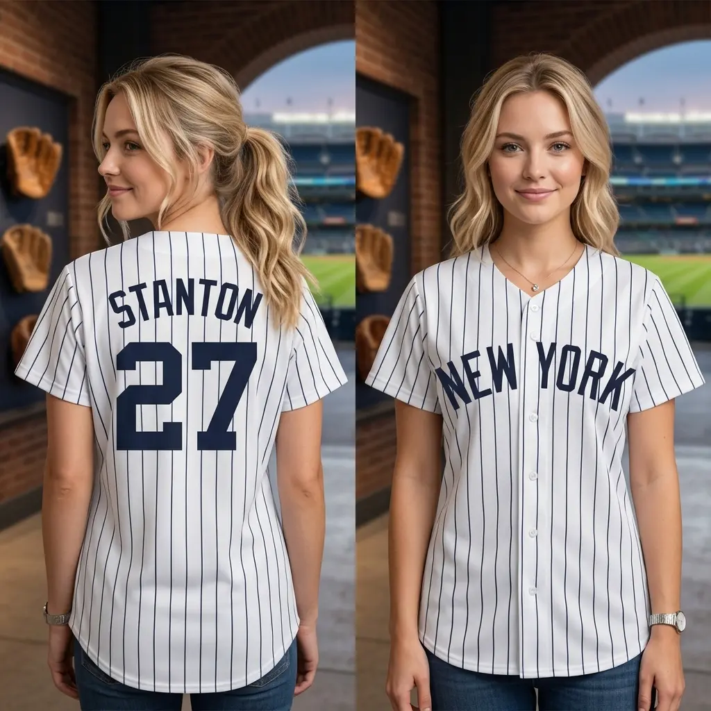 Stanton New York Baseball Jersey, Classic White Pinstripe Button-Up Mesh Breathable Fabric with Navy Script #27, Perfect Gift for Baseball Fan