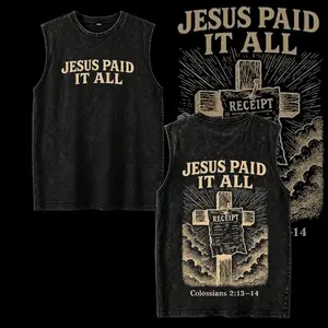 Retro Washed T-Shirt Double Sided Printed 230 Pure Cotton 'JESUS PAID IT ALL' Letter & Cross Pattern Christian Gift Men's Casual Comfortable Street Style Vintage Design Festive Crewneck Shortsleeve Tshirt Streetwear Streetwear
