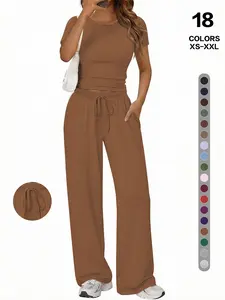 TFNOSIZE Women’s Summer Sports Set – Short-Sleeve Crewneck T-Shirt and Wide-Leg Pants Two-Piece Elastic Fabric Set, suitable for yoga, casual wear, everyday exercise, and running; a fashionable activewear option