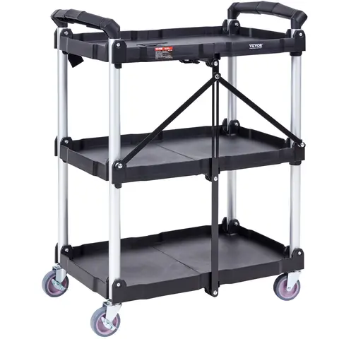 VEVOR 3-Layer Heavy-Duty Corrosion-Resistant Polypropylene Floor Standing Utility Cart, 3-Compartment Collapsible Rolling Stand with Lockable Transport Wheels, Ergonomic Handle, 165LBS Capacity for Home Supplies, Gardeners (25.62"x15.43"x32.76")