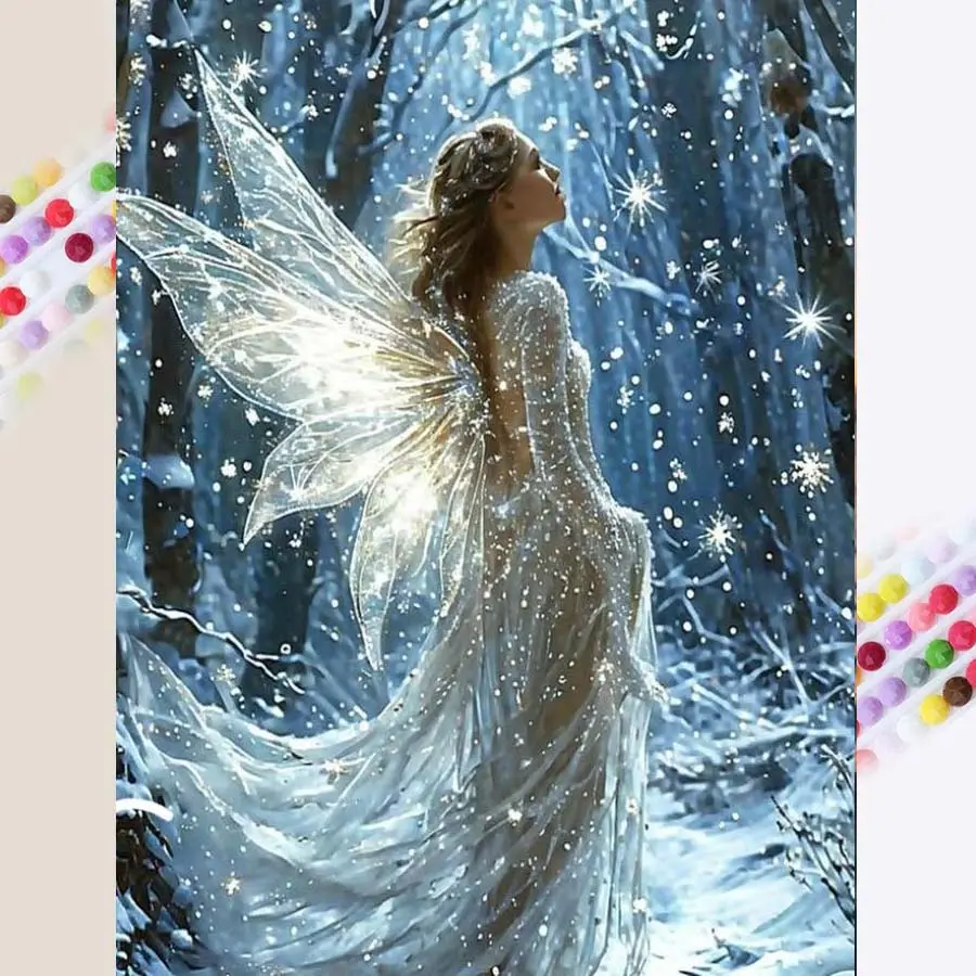 A set of DIY diamond painting kit, 5D diamond art kit, DIY decoration with fairies, wings, and snow scenes. Mosaic, diamond art, DIY art home decoration. Handicraft