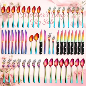 Rainbow 48-Piece Modern Oval Shape Tableware Set for 8, Knives Kitchen Set with Forks & Spoons, Matte Stainless Steel Cutlery, Dishwasher-Safe, Ideal Mother’s Day Gift for Home & Weddings