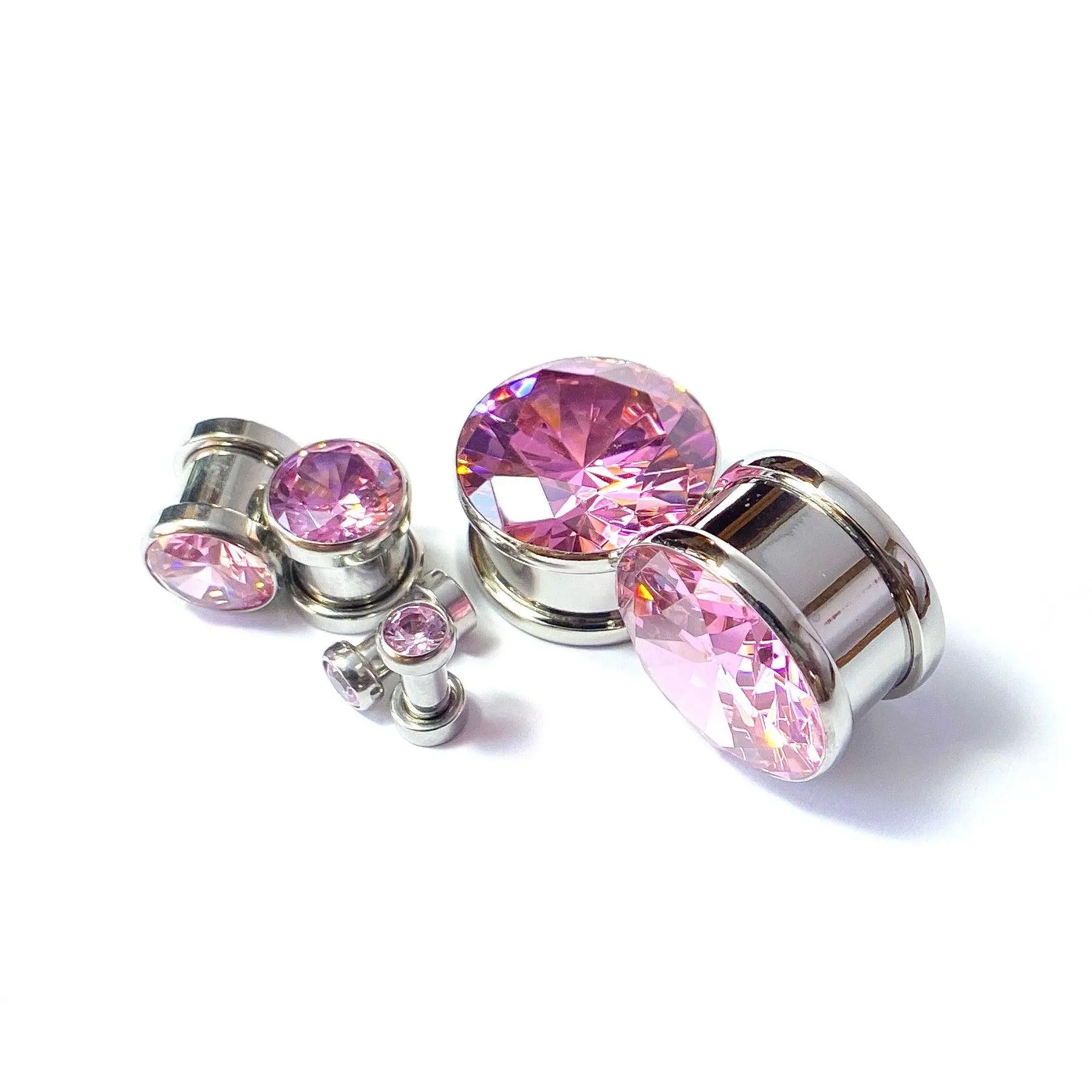 PAIR of Stunning Large Pink CZ Gem Screw Fit Tunnels/Plugs - Gauges 6g (4mm) thru to 13/16" (20mm)