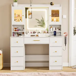 【Summervibes】White Makeup Vanity Desk with Mirror and Lights, Large Vanity Table Set with Charging Station, Dressing Table with RGB Cabinets, Makeup Vanity Mirror with Light Desk and Drawers, 3 LED Light Modes