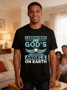 Caregivers Are God'S Angels Without Wings on Earth Graphic T-Shirt - 100% 180Gsm Slim Fit Crew Neck Short Sleeve Inspirational Caregiver Apparel with Angel Wings & Heart Design Unisex Casual Top for Men & Women All-Season