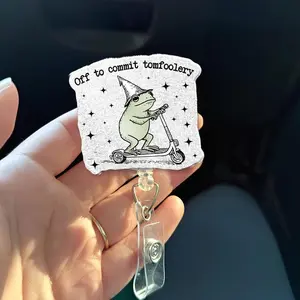 Funny Frog Badge Reel | Off to Commit Tomfoolery ID Holder | Cute Scooter Frog Badge Clip | Nurse Teacher Office Badge | Frog Lover Gift