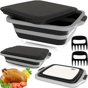 BBQ Prep Tub with 2 count Meat Shredder Claws, Collapsible  Board,  Board with Lids, Drip Easy BBQ Prep Tub with lid-XL Size (Black)
