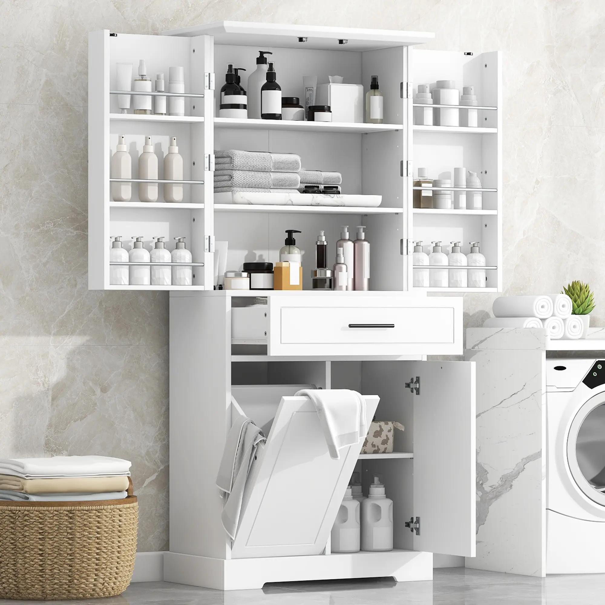 Bathroom Storage Cabinet in White MDF with Tilt-Out Laundry Hamper, Adjustable Shelf, and Double Doors