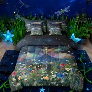 Feelyou 7-Piece Dragonfly Comforter Set - Multi-Size Bed in a Bag with Microfiber Luxe Galaxy Sheets, Dreamy Butterflies, Jungle Plants, Botanical Flowers, Botanical Art for Bedroom Decor, Romantic Bedroom Accessories