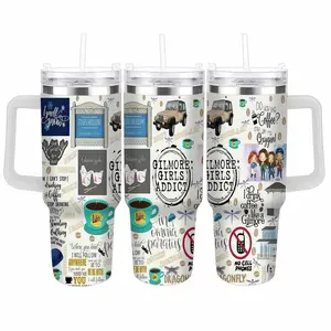 Gilmore Girls Coffee Addict Car Cup (40oz/30oz/20oz) Stars Hollow Print Pattern Cute Aesthetic Design Durable Stainless Steel Great for Daily Commute Office Desk Road Trips Friend Gifts Coffee Lovers Home Kitchen Use summerwins