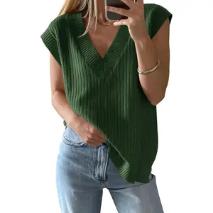 Women's V-Neck Oversized Ribbed Knit Sleeveless Vest Minimalist Basic Plus Size Casual Loose Pullover Tank Top for Spring Summer, Army Green