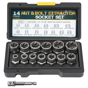 Impact Bolt & Nut Extractor Socket Set, 14-piece Steel Slide Tooth Screw Removal Tool with Portable Storage Box, High Hardness Design for Rusted Round Head Damaged Screw