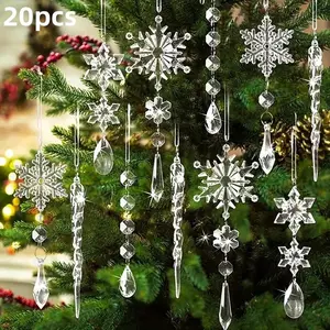 20pcs Glass Snowflake Sun Catcher Ornaments, Christmas Hanging Crystal Icicle Decorations, Acrylic Snowflakes for Holiday Decoration, Decorative Ornaments