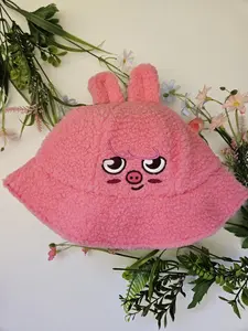 Pink Bunny Rabbit Fluffy Embroidered Bucket Hat with Ears