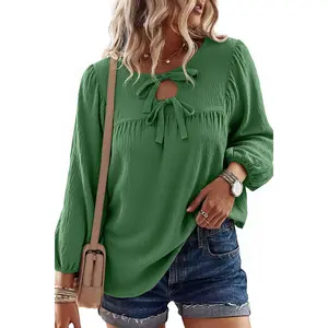 Shewin 2026 Spring/Summer Women's Casual Solid White Tunic Blouse - V-Neck Three Quarter Sleeve Loose Fit Top with Tie Knot Neckline and Textured Breathable Fabric for Daily Wear