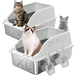 2PACK Stainless Steel Litter Box,  XL Odor Free Metal Litter Box with High Sides, Open Top Litter Pan Include Scoop Easy Cleaning Anti-Scratch Kitty  Box Anti- Leakage, Non-Sticky