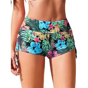 Womens 3" Swim Board Shorts High Waisted Bathing Suit Bottoms Boy Shorts Adjustable Ruched Side Bikini Shorts
