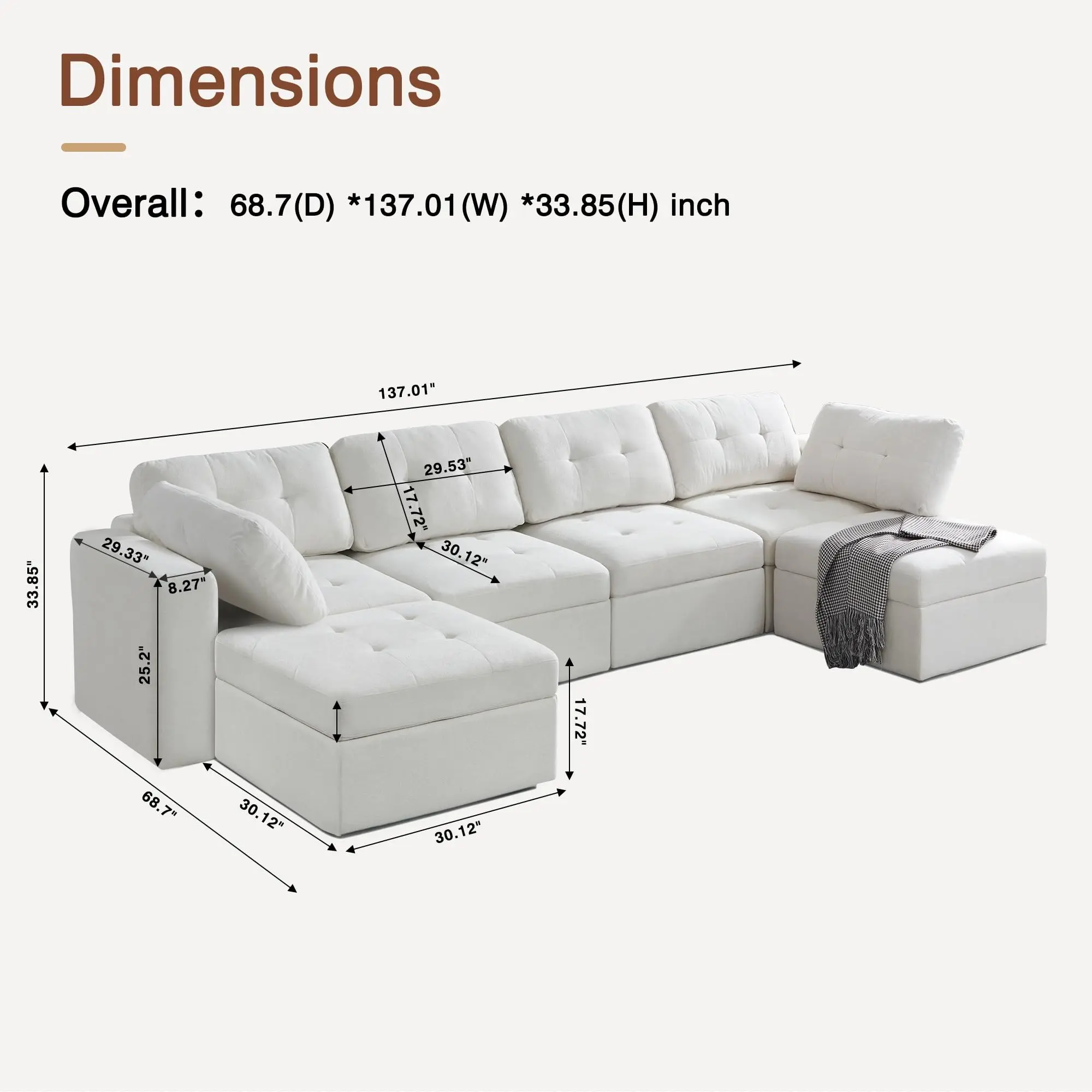 6 Seater U Shape Sofa Beige White