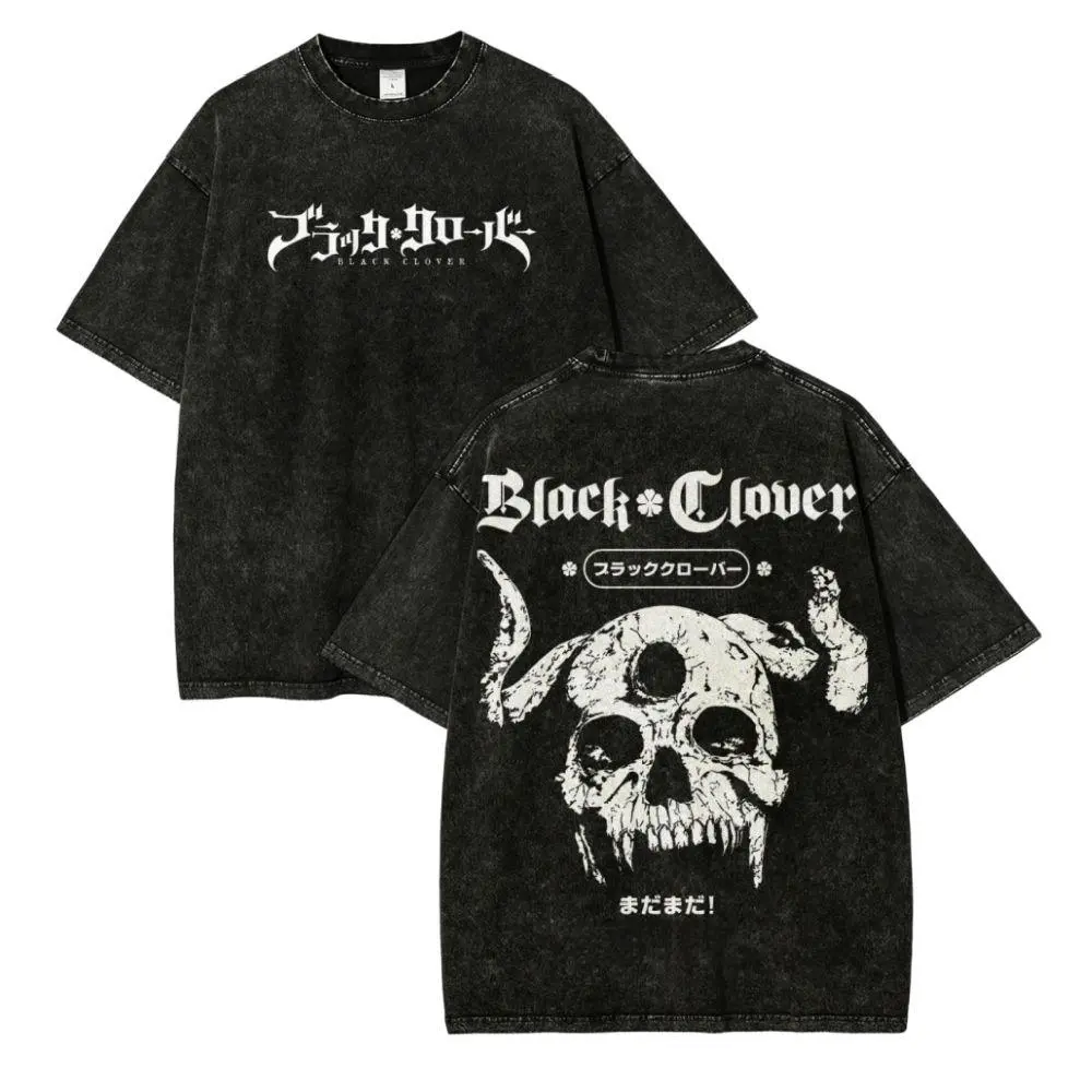 Black Clover Asta Demon Skull Oversized Graphic Tee Vintage Acid Wash Anime T Shirt Y2K Streetwear Gym Pump Cover Retro Manga Merch Tiktok Finds Trendy Dark Aesthetic Workout Fit Casual Top Japanese Activewear Mens Shonen Magic Knight