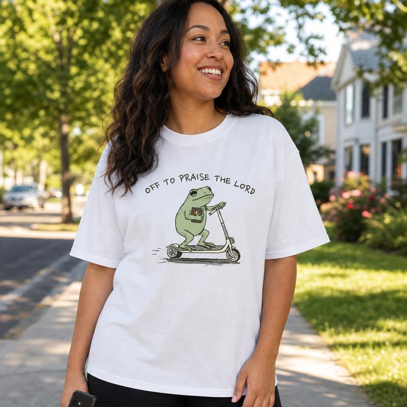 Off to Praise the Lord Scooter Frog Women's Cotton Tee Funny Christian Faith Graphic T-Shirt Plus Size