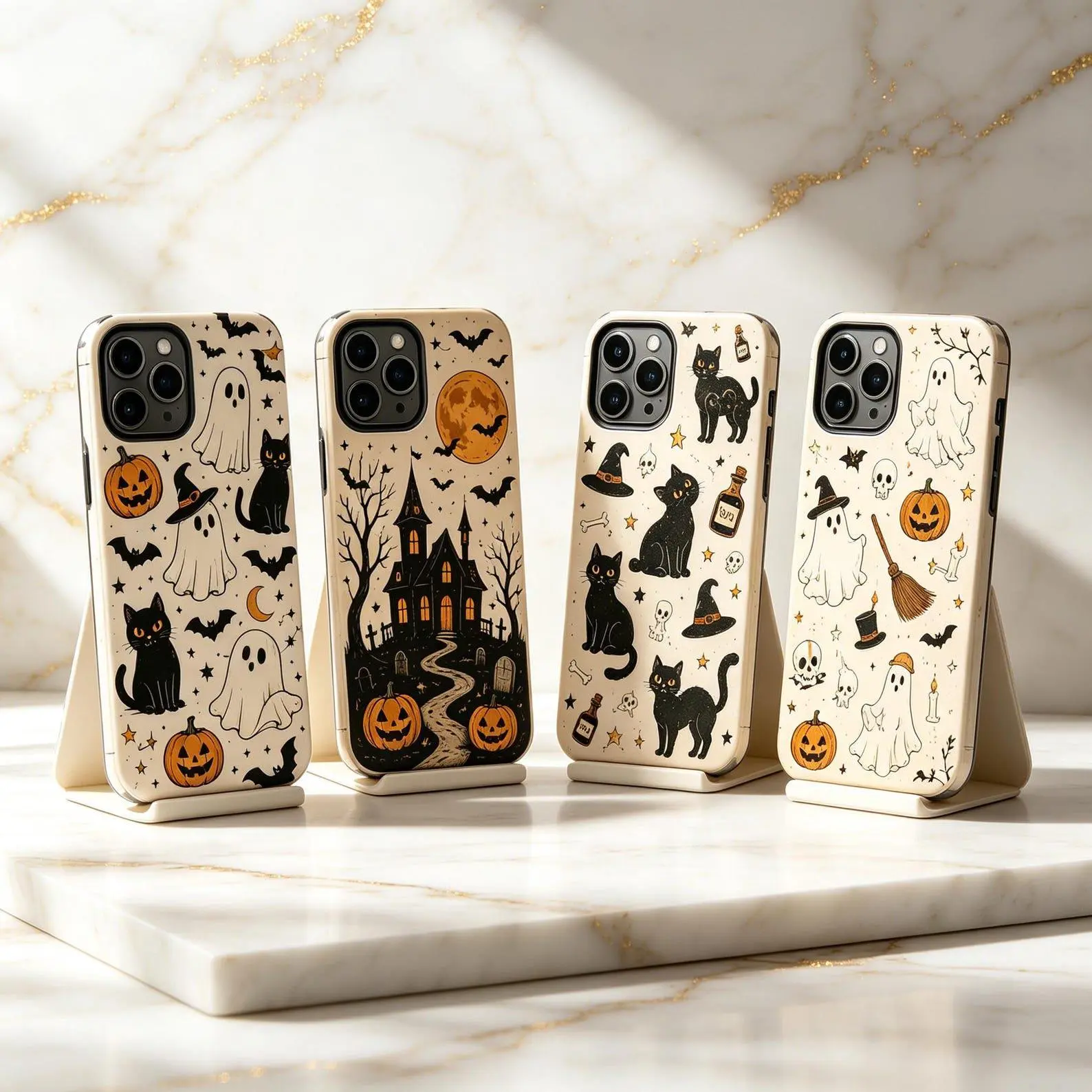 Halloween Custom Mobile Phone Case Set - Spooky Ghost, Cat, Pumpkin, Witchy Fall Polycarbonate Covers with Protection, Wireless-Friendly Phone Accessories, Double Layer