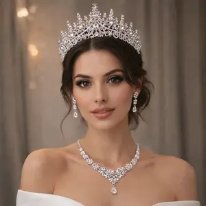 Natural Crystal 3-Piece Luxury Bridal Jewelry Set - Silver Wedding Tiara Crown, Marquise Drop Earrings, Necklace for Bride, Prom