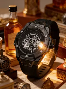 Industrial Style Men's Watch Brushed Silver Steel Polygon Case, Premium Gift Watch for Boyfriend Geometric Skeleton Mechanical Dial Black Vinyl Business Watch Initials Capitalized