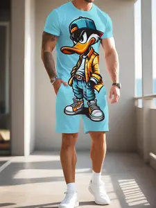 Men's Cartoon Print Short Sleeve Fitted T-Shirt and Knee-Length Shorts Set, Breathable Casual Sportswear for Summer Outdoor Activities