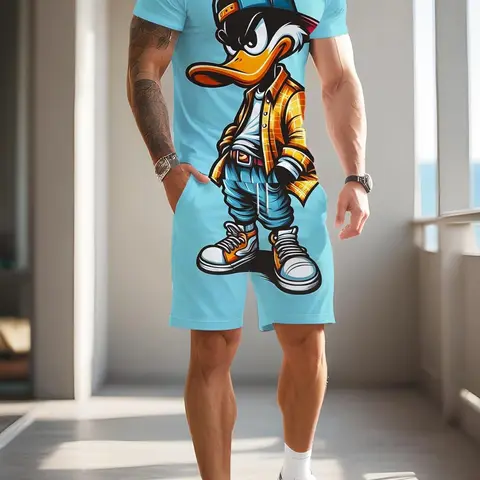 Men's Cartoon Print Short Sleeve Fitted T-Shirt and Knee-Length Shorts Set, Breathable Casual Athletic Sportswear for Outdoor Activities, Athleisure Summer Clothes, Casual Activewear Set, Activewear Shorts Sets