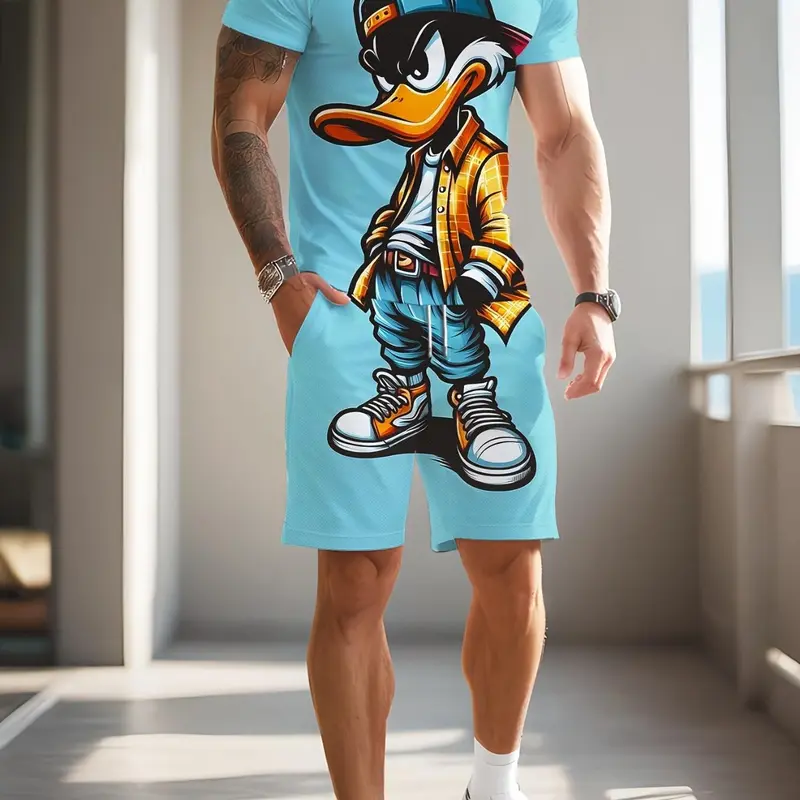 Men's Cartoon Print Short Sleeve Fitted T-Shirt and Knee-Length Shorts Set, Breathable Casual Athletic Sportswear for Outdoor Activities, Athleisure Summer Clothes, Casual Activewear Set, Activewear Shorts Sets