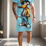 Men's Cartoon Print Short Sleeve Fitted T-Shirt and Knee-Length Shorts Set, Breathable Casual Athletic Sportswear for Outdoor Activities, Athleisure Summer Clothes, Casual Activewear Set, Activewear Shorts Sets
