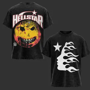 Hellstar Graphic T Shirt Vintage Washed Oversized Streetwear Tee Men Women Y2K Smiley Face Flame Star Logo Shirt Hip Hop Fashion Unisex Skatewear Trendy Black Graphic Top