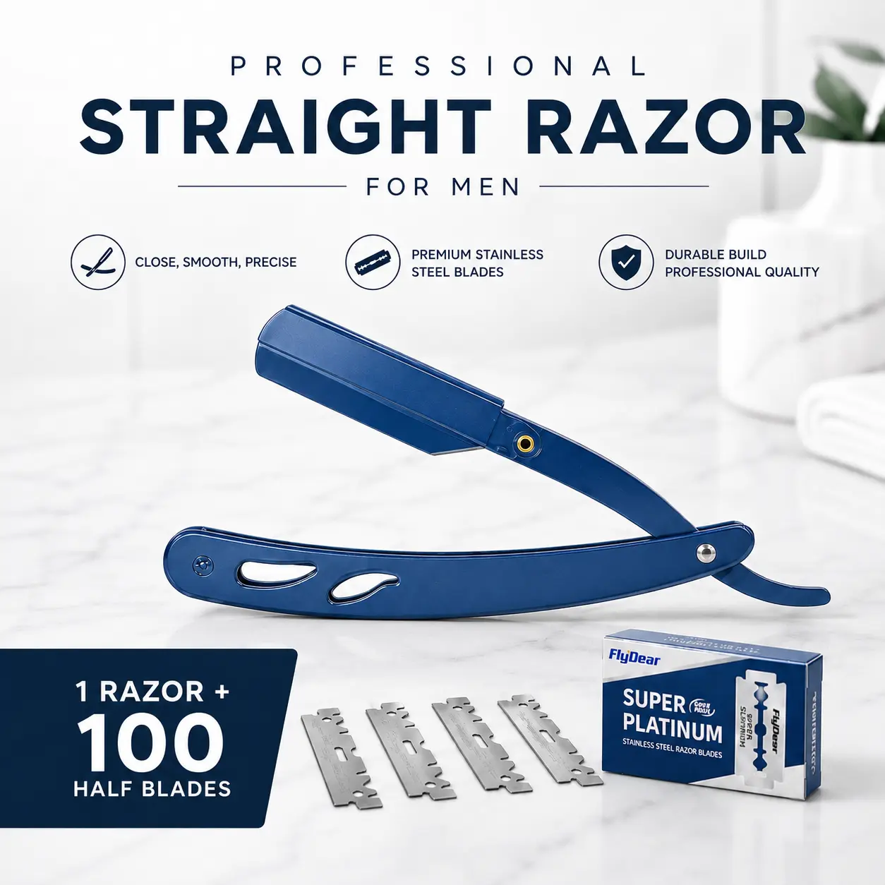 Professional Straight  Razor +100 Blafor Men– Shavette for Beard Shaping & Barber-Style Grooming Stainless Steel Professional Barber Razor anti-slip design manual shaving edge Folding Dermaplane Facial Razor safety blade Set replacement Reusable sharp