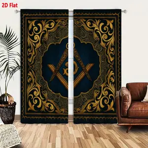 2Pcs Curtains2D Flat Square Ornate Masonic Emblem With Gold Square And Compasses On Dark Blue BackgroundWindow Drapes for Bedroom Room Decor Decoration Window Treatment.